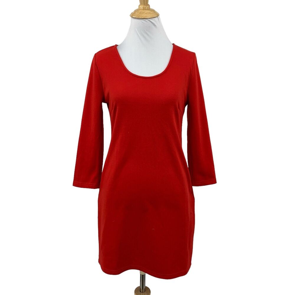 Criss Cross Dress Womens S Small Red Bodycon Scoop Neck Long Sleeve Pockets